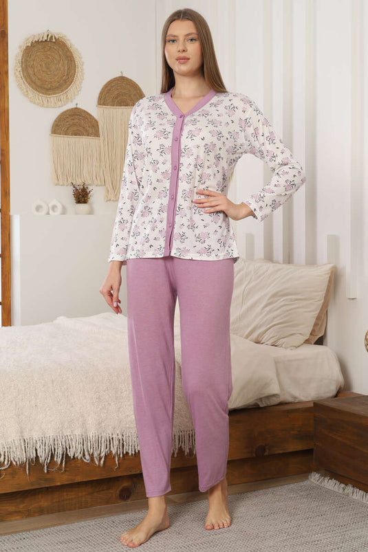 Çiçek Nakışlı Düğmeli Pijama Takımı Lila