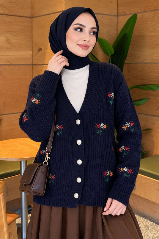 Chaqueta De Punto Con Bordado Floral Y Botones Azul Marino
