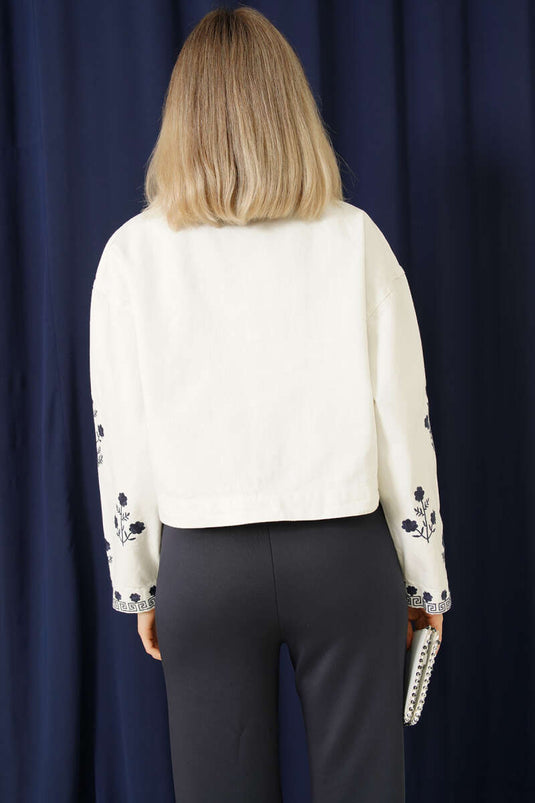 White Short Gabardine Jacket with Floral Embroidery