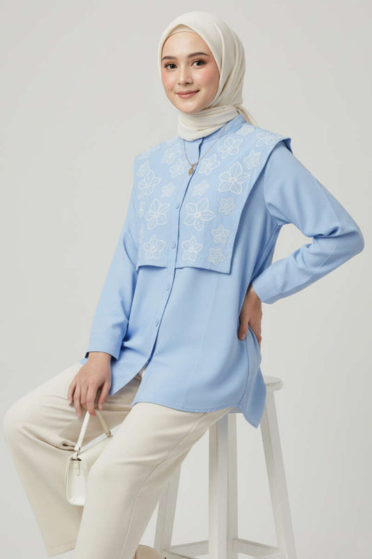 Camicia con Colletto alla Coreana e Ricamo Floreale Azzurro Bebè