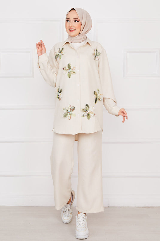 Flower Embroidered Linen Modest Set Beige