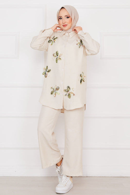 Flower Embroidered Linen Modest Set Beige