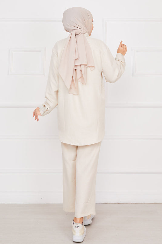 Costume hijab en lin brodé de fleurs beige