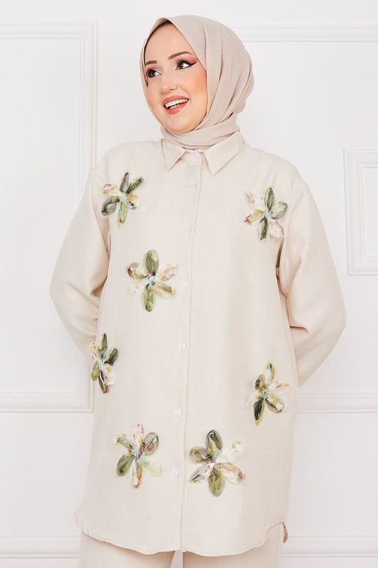 Flower Embroidered Linen Modest Set Beige