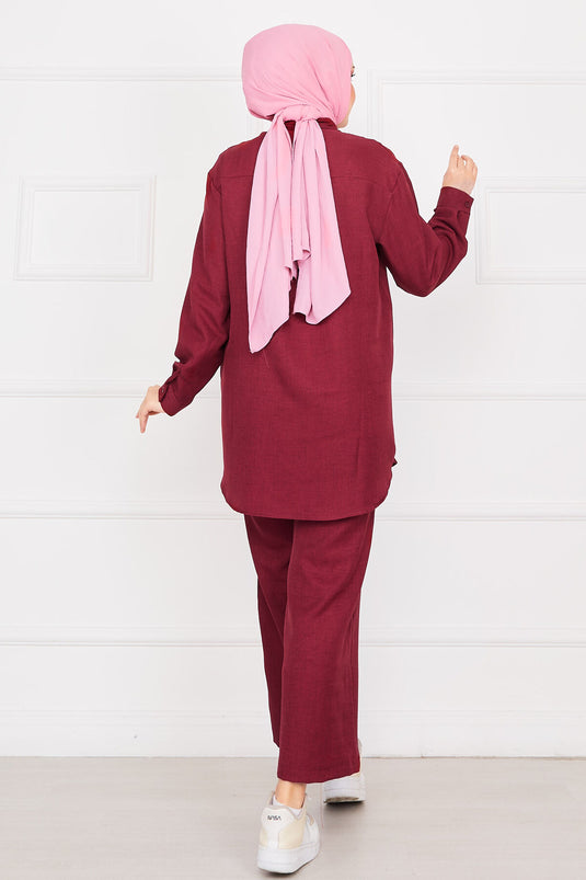 Flower Embroidered Linen Modest Set Burgundy