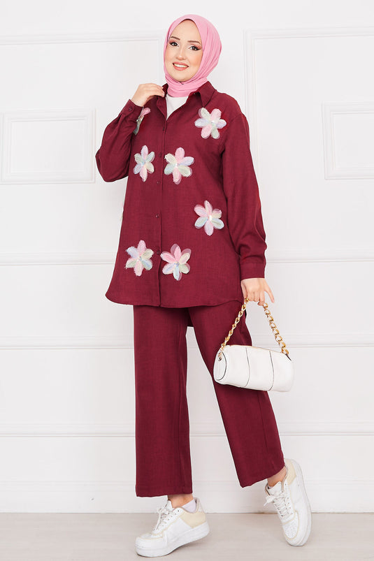 Flower Embroidered Linen Modest Set Burgundy