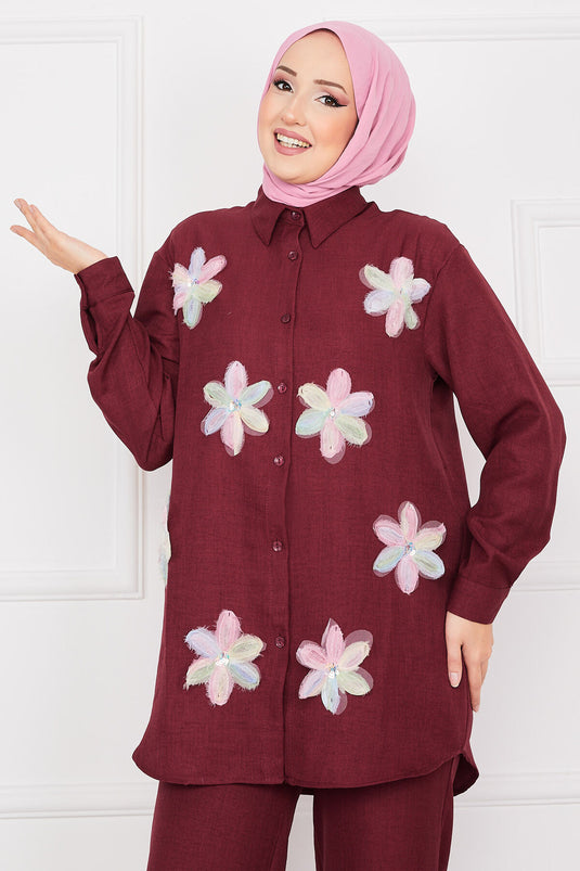 Flower Embroidered Linen Modest Set Burgundy