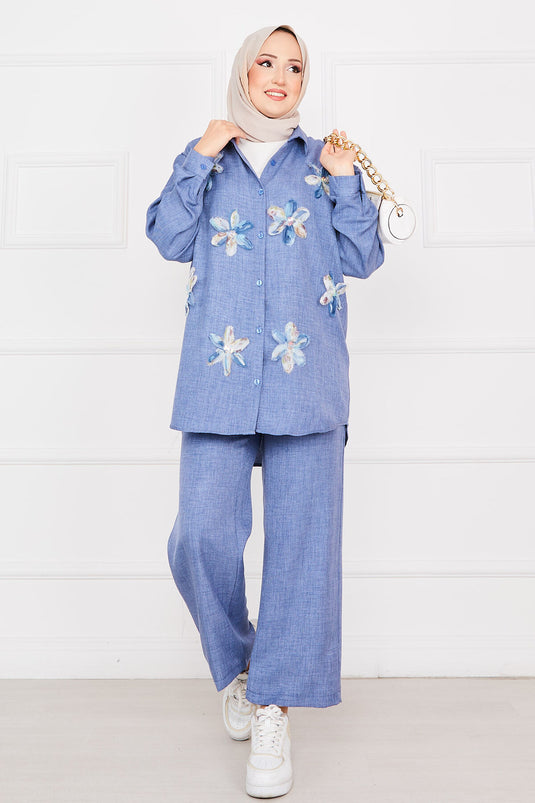 Flower Embroidered Linen Modest Set Indigo