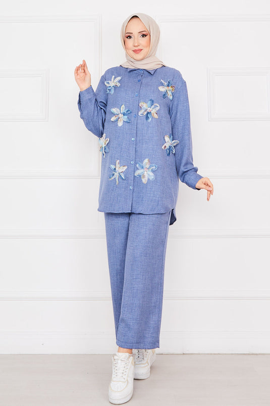 Flower Embroidered Linen Modest Set Indigo