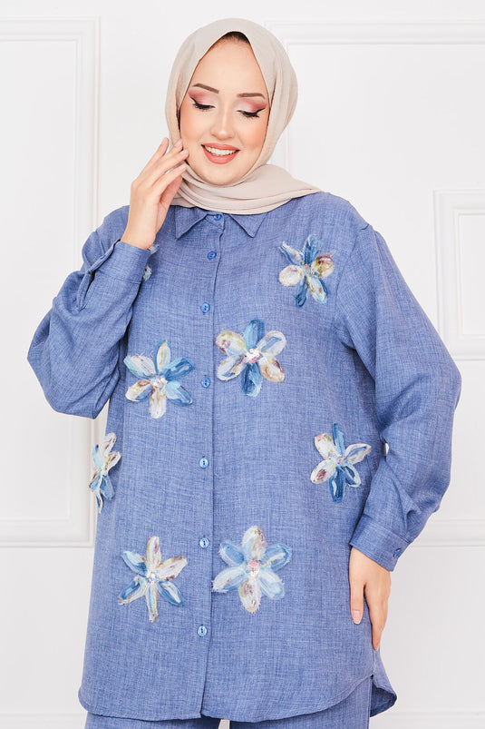 Flower Embroidered Linen Modest Set Indigo