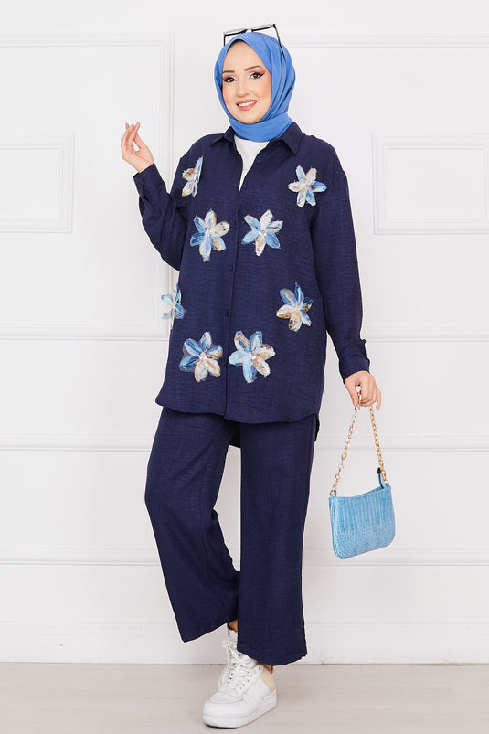 Flower Embroidered Linen Modest Set Navy Blue