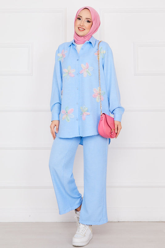 Flower Embroidered Linen Modest Set Blue