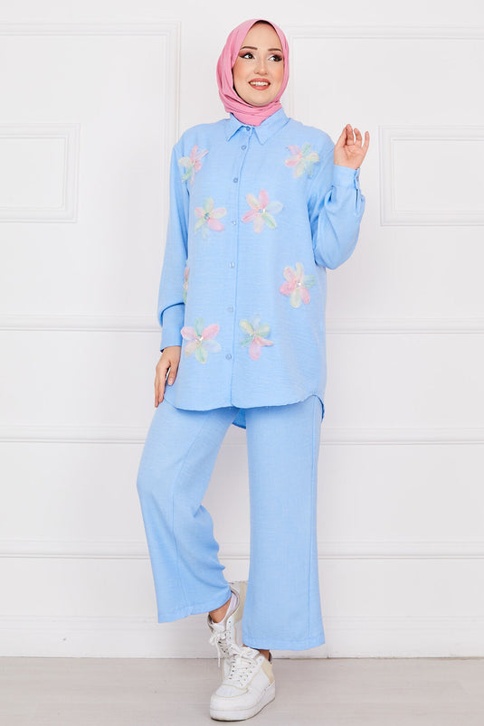 Flower Embroidered Linen Modest Set Blue