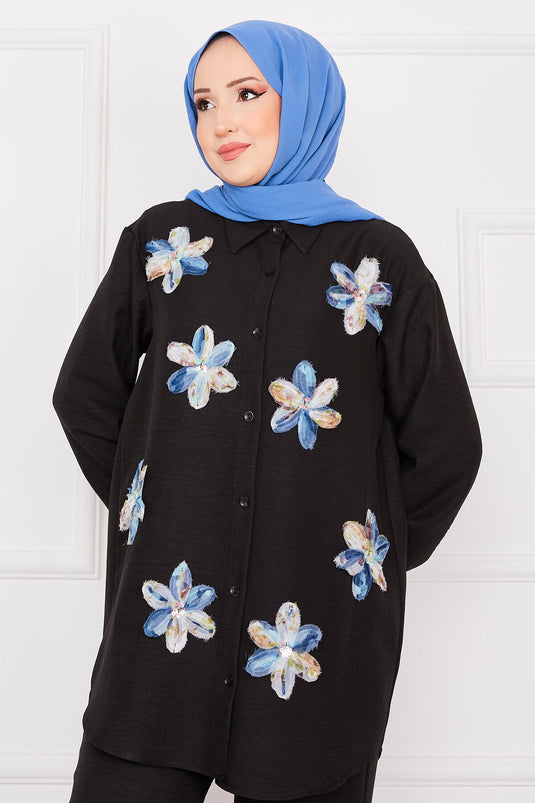 Traje de hiyab de lino con bordado floral negro