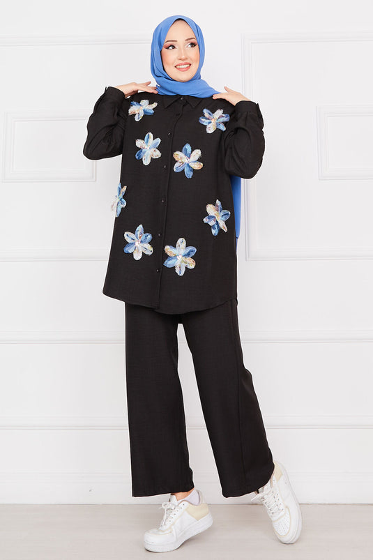 Flower Embroidered Linen Modest Set Black