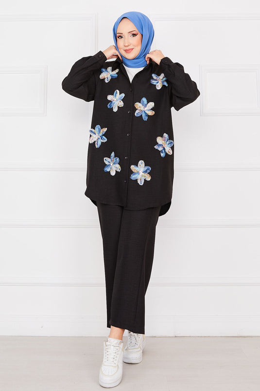 Flower Embroidered Linen Modest Set Black