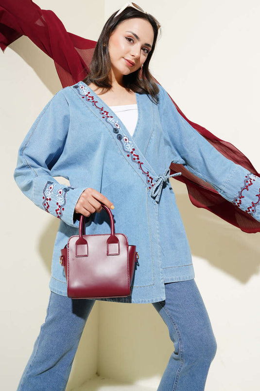 كيمونو جينز أزرق مطرز بالورود