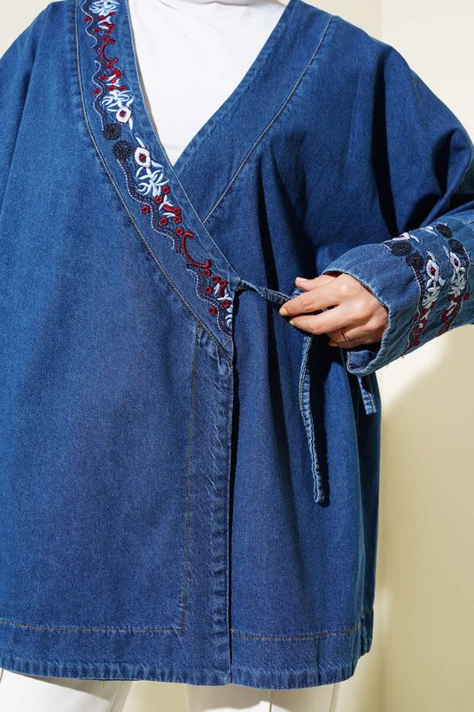 Kimono in denim ricamato floreale blu