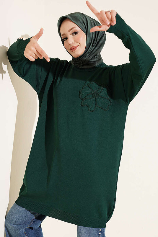 Tunique Mercerisée À Fleurs Et Broderies Marine