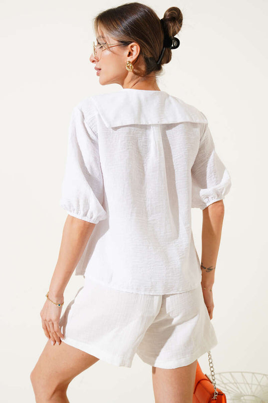 Çiçek Nakışlı Önü Bağcıklı Bluz Beyaz