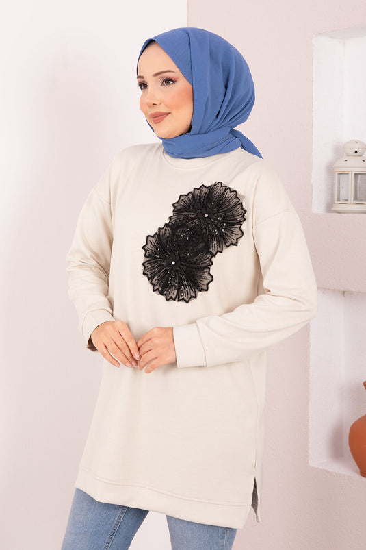 Tunique hijab Oysho beige brodée de fleurs