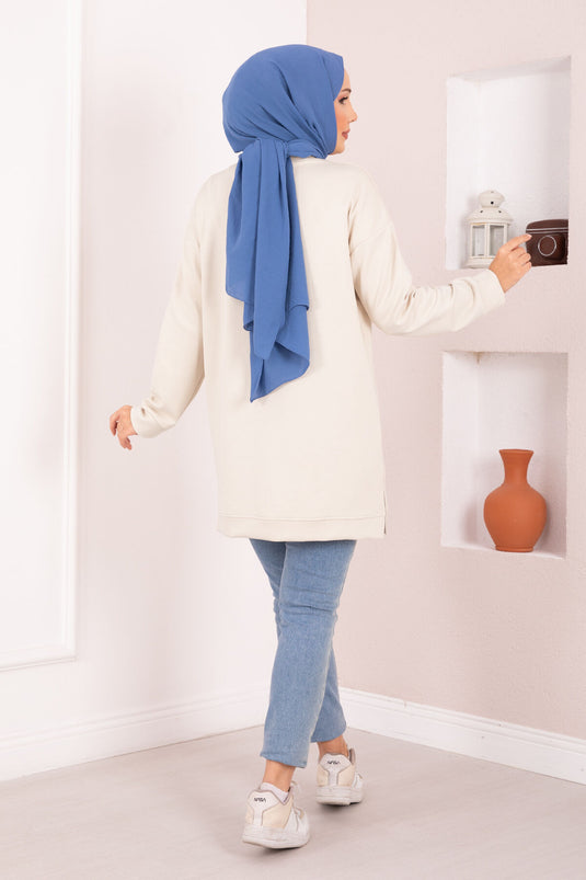 Çiçek Nakışlı Oyşo Tesettür Tunik Bej