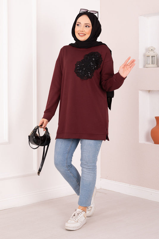 Tunique hijab Oysho à broderies florales bordeaux