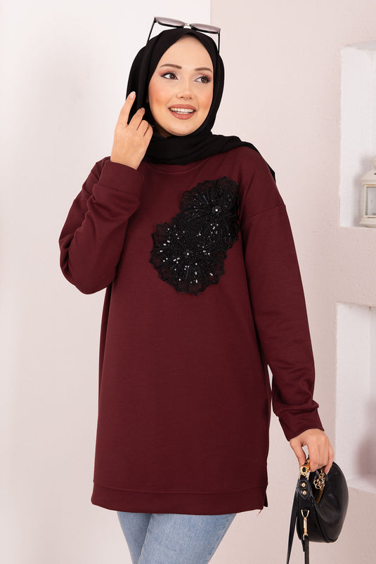 Tunique hijab Oysho à broderies florales bordeaux