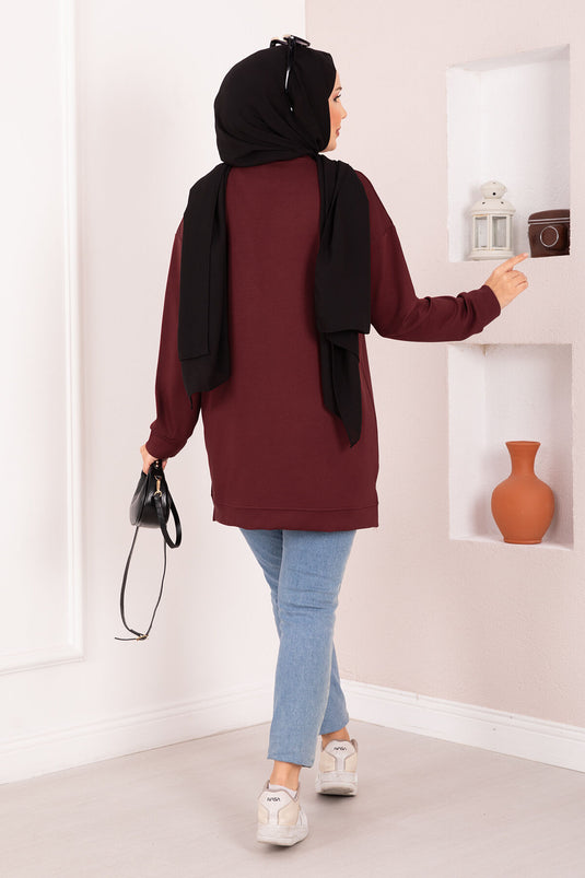 Çiçek Nakışlı Oyşo Tesettür Tunik Bordo