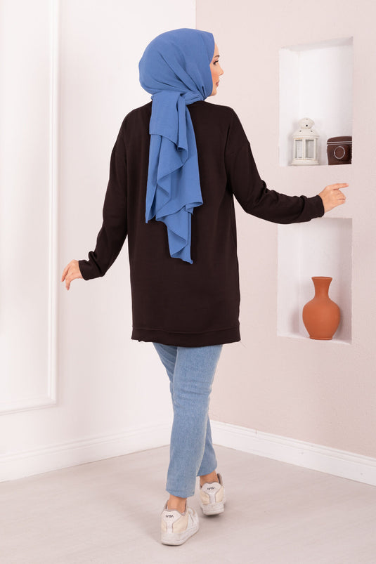 Çiçek Nakışlı Oyşo Tesettür Tunik Kahve