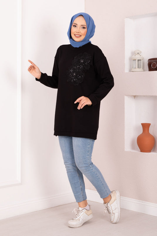 Tunique hijab Oysho noire brodée de fleurs