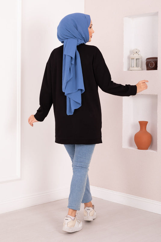 Çiçek Nakışlı Oyşo Tesettür Tunik Siyah