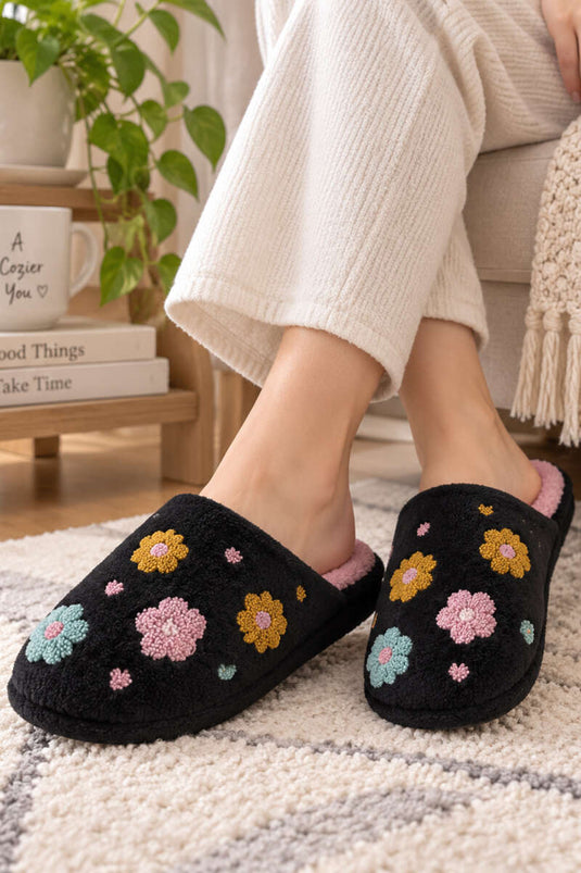 Çiçek Nakışlı Peluş Ev Terliği Siyah