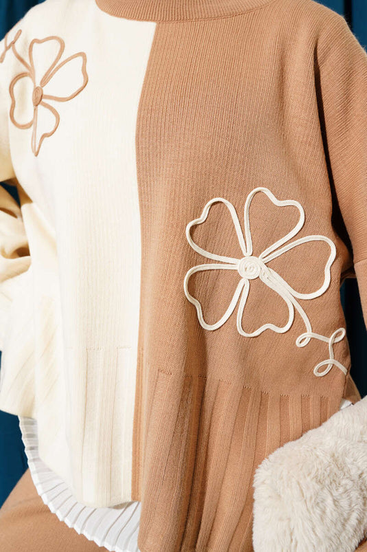 Flower Embroidered Loose Knit Two-Piece Set Latte