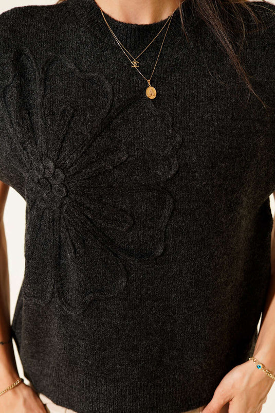 Maglione lavorato a maglia con ricami floreali, antracite