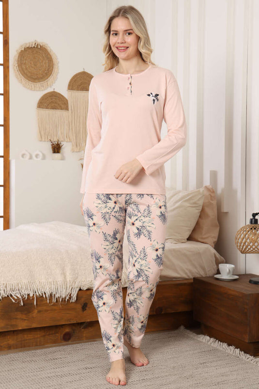 Conjunto de pijama de manga larga con bordado de flores color coral suave