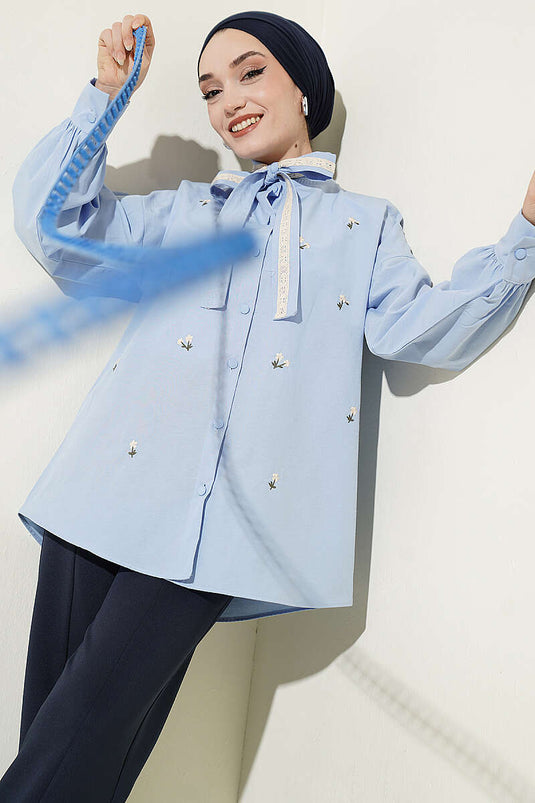 Blue Shirt with Floral Embroidery and Tie Collar