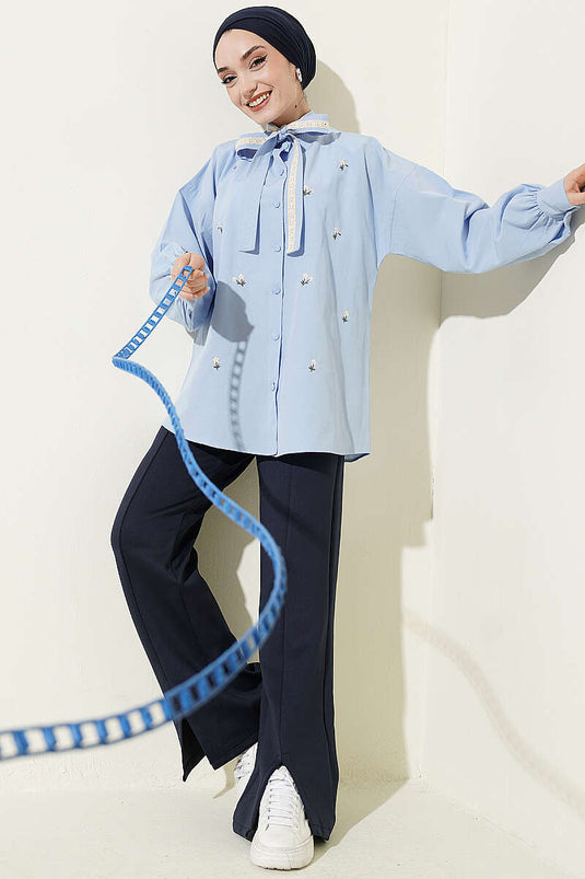 Blue Shirt with Floral Embroidery and Tie Collar
