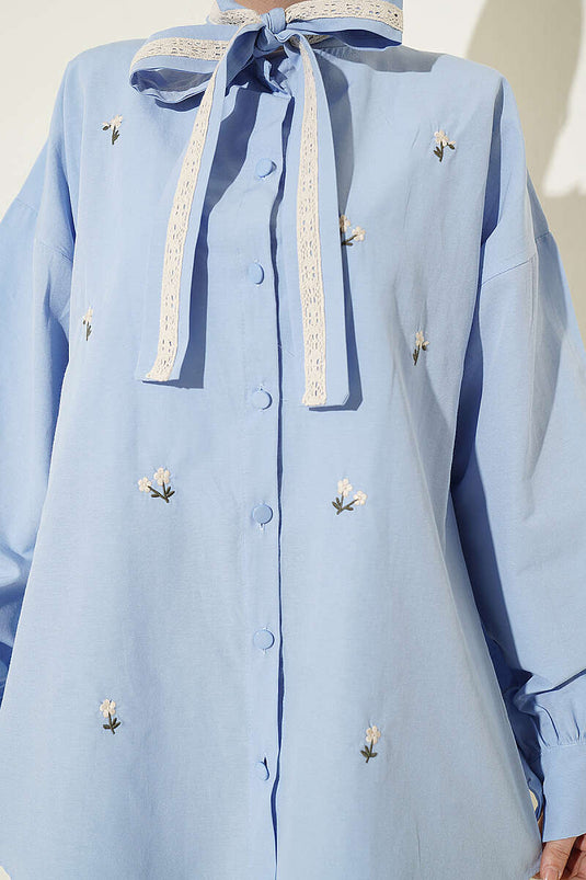 Blue Shirt with Floral Embroidery and Tie Collar