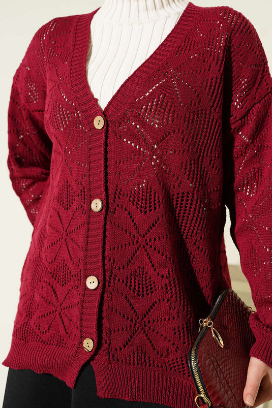 Çiçek Örgülü Düğmeli Triko Hırka Bordo