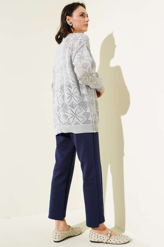 Flower Braided Buttoned Knit Cardigan Gray