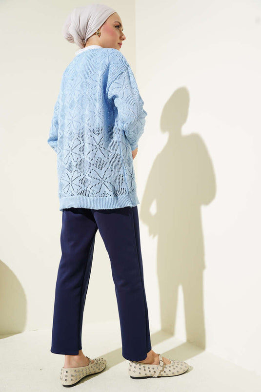 Blumenmuster Geflochtener Knopf Strickjacke Blau