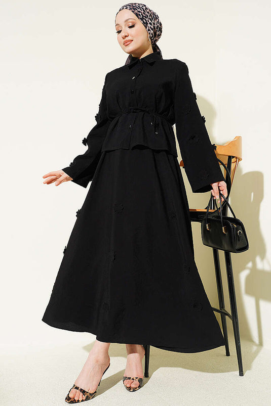 Two-Piece Set with Flower-Embellished Skirt Black