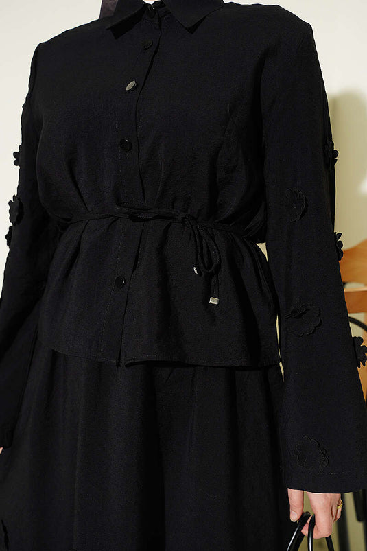 Two-Piece Set with Flower-Embellished Skirt Black
