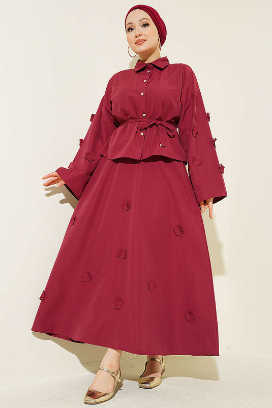 Burgundy Two-Piece Set with Flower-Embellished Drawstring Skirt