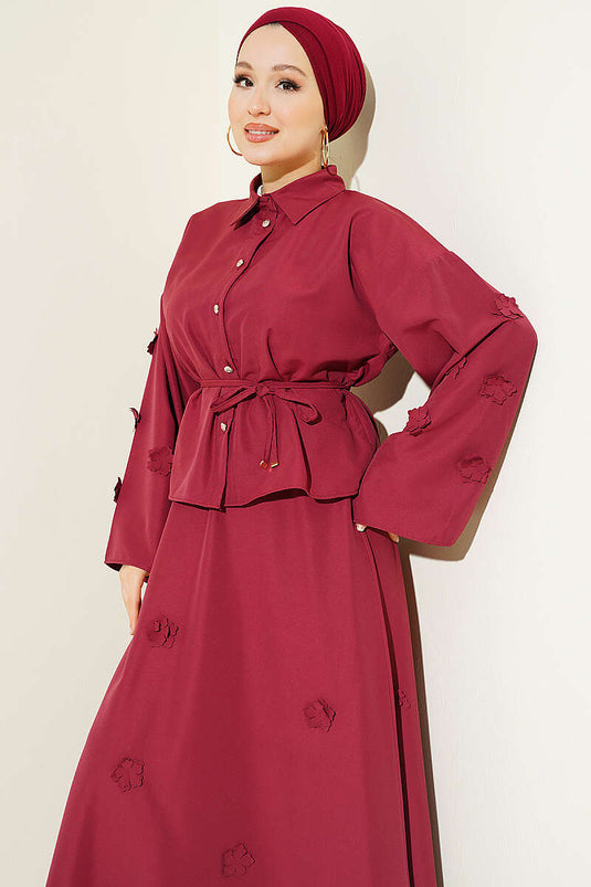 Burgundy Two-Piece Set with Flower-Embellished Drawstring Skirt