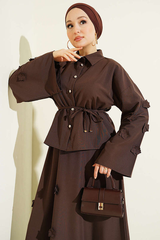 Two-Piece Set with Flower Embellished Drawstring Skirt, Brown