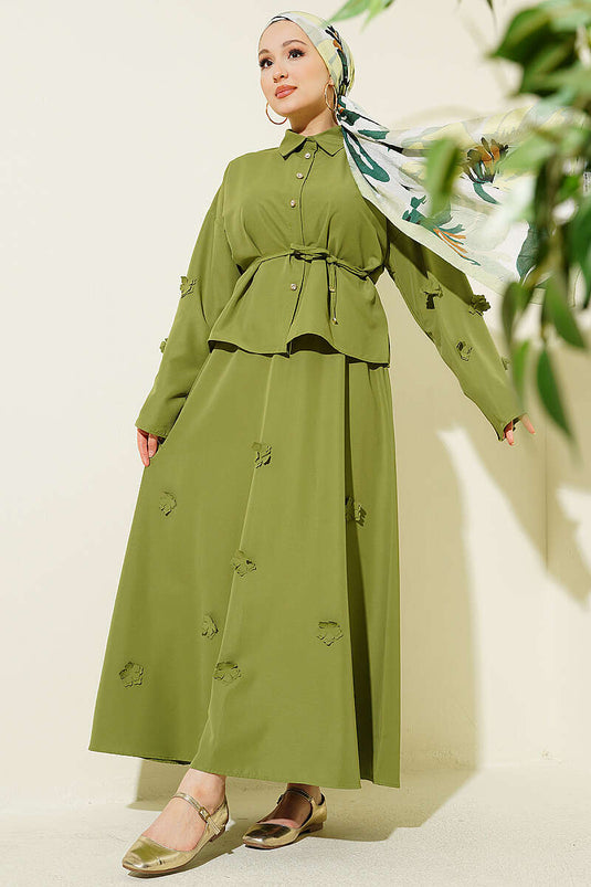 Green Two-Piece Set with Flower Embellished Drawstring Skirt
