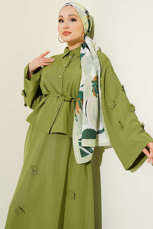 Green Two-Piece Set with Flower Embellished Drawstring Skirt