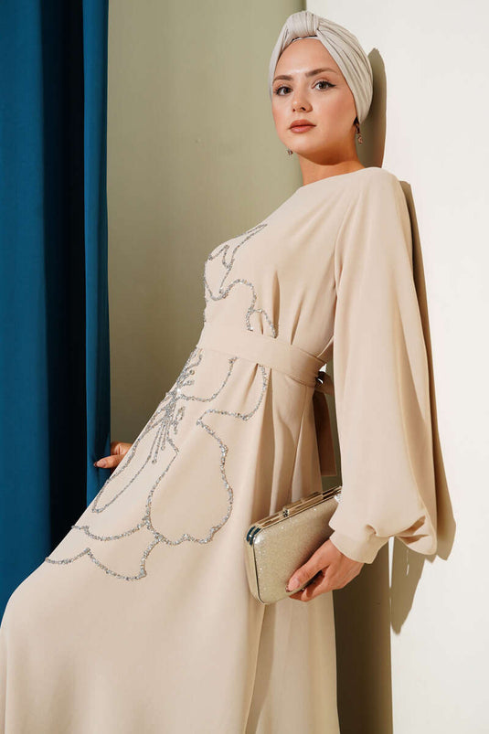 Flower and Stone Embellished Evening Dress Beige